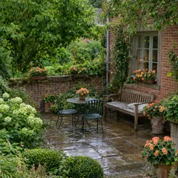 Bégonia tubéreux 'Prima donna aurore' (Begonia) — terrasse de jardin mouillée avec pots de fleurs orangées · Photo d'illustration