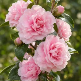 Camelia 'Spring festival' (Camelia japonica) — gros plan de fleurs roses doubles · Photo d'illustration