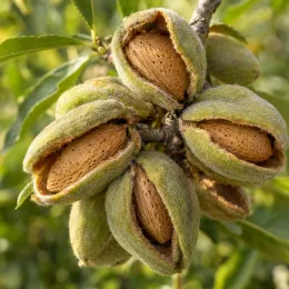 Amandier 'Tuono' (Prunus amygdalus) — gros plan sur grappes d’amandes mûres