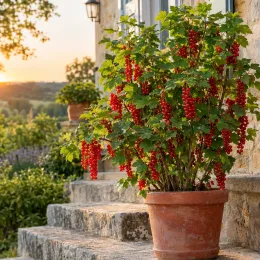 Groseillier à grappes 'Rolan' (Ribes rubrum) — arbuste fruitier en pot sur marches en pierre · Photo d'illustration
