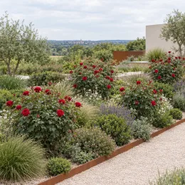 Rosier 'Chrysler imperial' (Rosa hybrida) — massif structuré avec rosiers rouges et vivaces · Photo d'illustration
