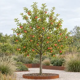 Pommier 'Ariane' (Malus domestica) — arbre fruitier isolé dans massif paysagé