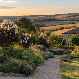 Lilas des indes 'White queen' (Lagerstroemia indica) — petits arbres fleuris bordant un chemin de graviers