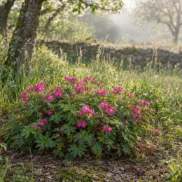 Pélargonium 'Karmina' (Geranium × cantabrigiense) — massif de vivace fleurie dans prairie naturelle · Photo d'illustration