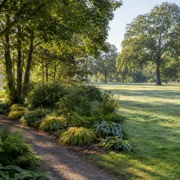 Herbe du japon 'Aureola' (Hakonechloa macra) — massif d'herbes ornementales le long d'un chemin · Photo d'illustration