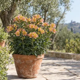Alstroemeira — plante fleurie en pot sur terrasse ensoleillée · Photo d'illustration