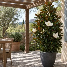 Magnolia 'Nana' (Magnolia grandiflora) — grand arbuste fleuri en pot sur terrasse