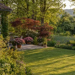 Azalée japonaise 'Gilbert mullier rose' (Azalea japonica) — terrasse ensoleillée avec arbustes fleuris en pot · Photo d'illustration
