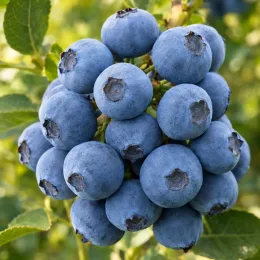 Myrtillier 'Legacy' (Vaccinium corymbosum) — gros plan de grappes de baies bleues · Photo d'illustration