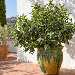 Chèvrefeuille à baies de mai 'Kiev' (Lonicera kamtschatica) — arbuste vigoureux en pot avec nombreux fruits bleus · Photo d'illustration