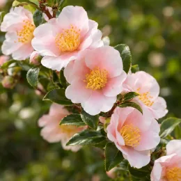 Camelia 'Fairy blush' (Camelia sasanqua) — fleurs simples rose pâle à cœur jaune · Photo d'illustration