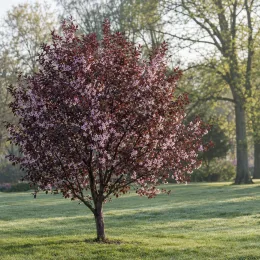 Prunier myrobolan 'Pissardii nigra' (Prunus cerasifera) — petit arbre pourpre en fleurs dans une pelouse
