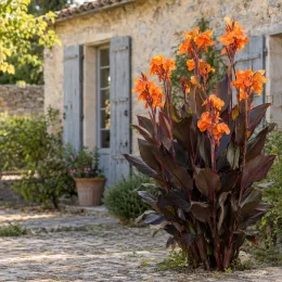 Canna pourpre 'Liberte' — touffe vigoureuse à fleurs orange devant maison en pierre · Photo d'illustration