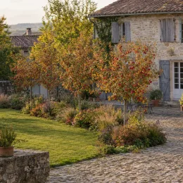 Pommier d'ornement 'Gulliver' (Malus transitoria) — petits arbres colorés bordant une allée pavée · Photo d'illustration