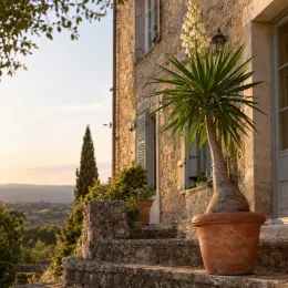 Yucca pied d'éléphant 'Puch' (Yucca elephantipes) — plante en pot sur marches en pierre, maison · Photo d'illustration