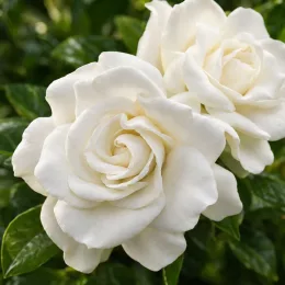 Tiaré 'Summer snow' (Gardenia jasminoides) — gros plan de deux fleurs blanches épanouies · Photo d'illustration
