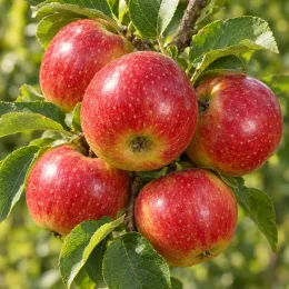 Pommier 'Ariane' (Malus domestica) — groupe de pommes rouges mûres sur branche feuillue