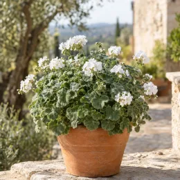 Géranium au parfum d'eucalyptus 'White' (Pelargonium fragrans) — plante fleurie à petites fleurs blanches en pot · Photo d'illustration
