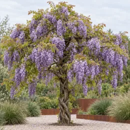 Glycine 'Black dragon' (Wisteria floribunda) — arbuste sur tige aux longues grappes fleuries retombantes