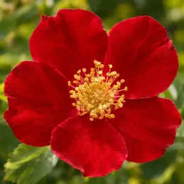 Rosier de chine rouge (Rosa chinensis) — fleur ouverte à cinq pétales rouges vifs · Photo d'illustration