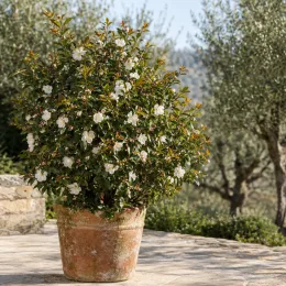 Camelia (Camelia transnokoensis) — arbuste fleuri en pot sur terrasse en pierre · Photo d'illustration