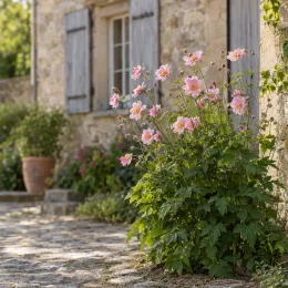 Anémone du japon rose 'Konigin charlotte' (Anemone) — touffe de fleurs roses devant maison en pierre