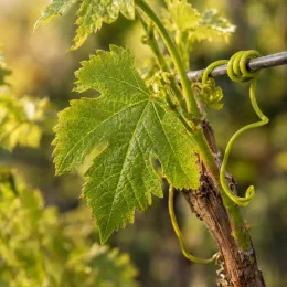 Vigne 'Chardonnay' (Vitis vinifera) — feuille dentée de vigne sur fil de support · Photo d'illustration