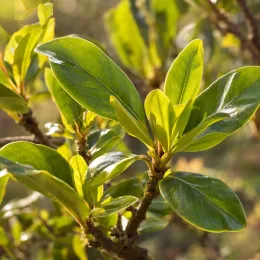 Magnolia 'Satisfaction' — gros plan de jeunes feuilles vertes brillantes