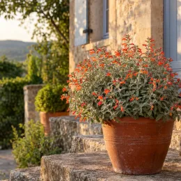 Jacobinia (Dicliptera suberecta) — plante fleurie en pot sur marches en pierre · Photo d'illustration