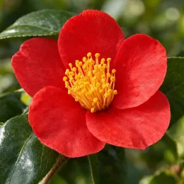 Camelia 'Kimberley' (Camelia japonica) — gros plan sur fleur rouge et étamines jaunes · Photo d'illustration