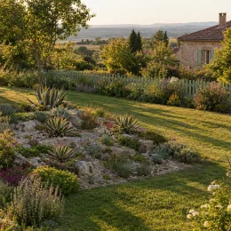 Agave 'Quadricolor' (Agave lophanta) — massif rocailleux avec plusieurs plantes graphiques en rosette