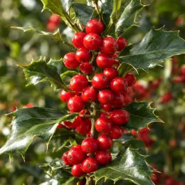 Houx commun 'Nellie ® stevens' (Ilex aquifolium) — grappe dense de baies rouges sur feuilles épineuses · Photo d'illustration