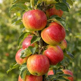 Pommier 'Valzer' (Malus ballerina) — pommes rouges et jaunes serrées sur un tronc