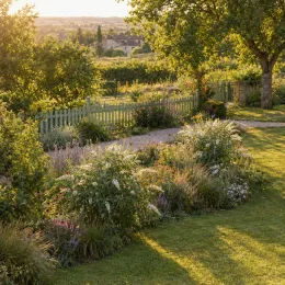 Arbre aux papillons 'Reve de papillon white' (Buddleia davidii) — grand massif fleuri en bordure de jardin · Photo d'illustration