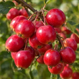 Pommier d'ornement 'Gulliver' (Malus transitoria) — grappe de petits fruits rouges brillants · Photo d'illustration