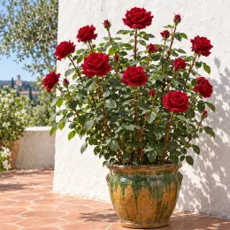 Rosier 'Chrysler imperial' (Rosa hybrida) — grand rosier buisson rouge en pot décoratif · Photo d'illustration
