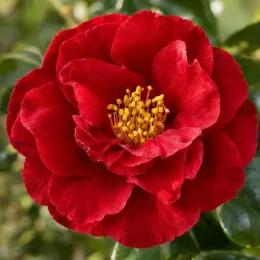 Camélia du japon 'Adolphe audusson rouge' (Camellia japonica) — gros plan de fleur rouge aux étamines jaunes · Photo d'illustration