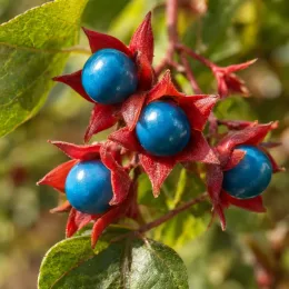 Clerodendron (Clerodendron trichotonum) — fruits ronds bleu vif entourés de bractées rouges · Photo d'illustration