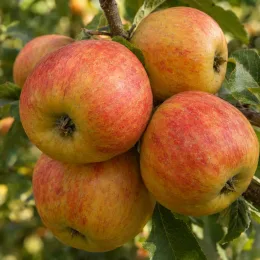Pommier 'Benedictin' (Malus domestica) — groupe de fruits ronds rouges et jaunes
