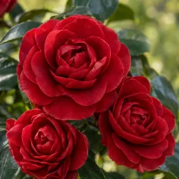 Camélia du japon 'Black lace rouge' (Camellia japonica) — trois grandes fleurs rouges doubles en gros plan · Photo d'illustration