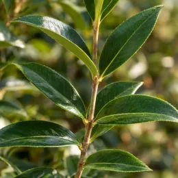 Osmanthe à feuilles variables 'Rubra' (Osmanthus fragrans) — tige verticale avec feuilles ovales luisantes