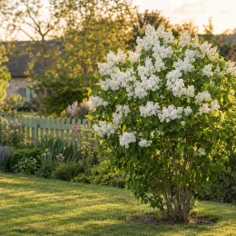 Lilas commun 'Dentelle d'anjou' (Syringa vulgaris) — grand arbuste fleuri isolé dans un jardin · Photo d'illustration