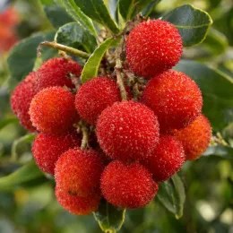 Arbousier ou arbre aux fraises nain 'Hannie' (Arbutus unedo) — grappes de fruits rouges bosselés sur feuillage vert