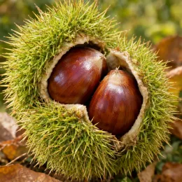 Châtaigner (Castanea crenata) — bogue hérissée ouverte laissant voir deux fruits · Photo d'illustration