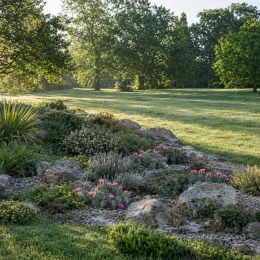 Cactée 'Hamburg' (Opuntia hystricina) — massif de rocaille fleuri dans grand jardin