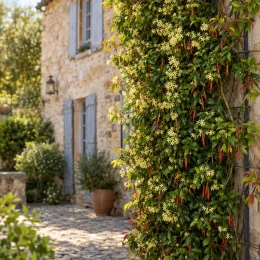 Faux-jasmin 'Et vanilla' (Trachelospermum chili) — liane fleurie couvrant un mur de maison en pierre · Photo d'illustration