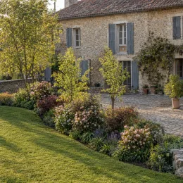 Viorne 'Aurora' (Viburnum carlesii) — massif arbustif fleuri devant maison en pierre · Photo d'illustration