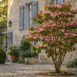 Cornouiller du japon 'Mont fuji' (Cornus kousa) — arbuste fleuri aux bractées roses devant maison en pierre · Photo d'illustration