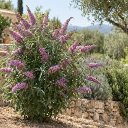 Arbre aux papillons 'Reve de papillon pink' (Buddleia davidii) — grand arbuste fleuri rose dans un jardin sec · Photo d'illustration