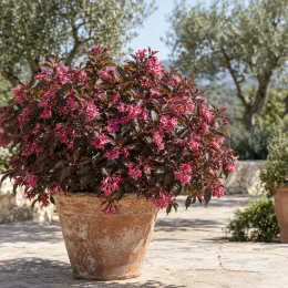 Weigelia 'Nana purpurea' (Weigela floribunda) — arbuste fleuri en pot sur terrasse ensoleillée